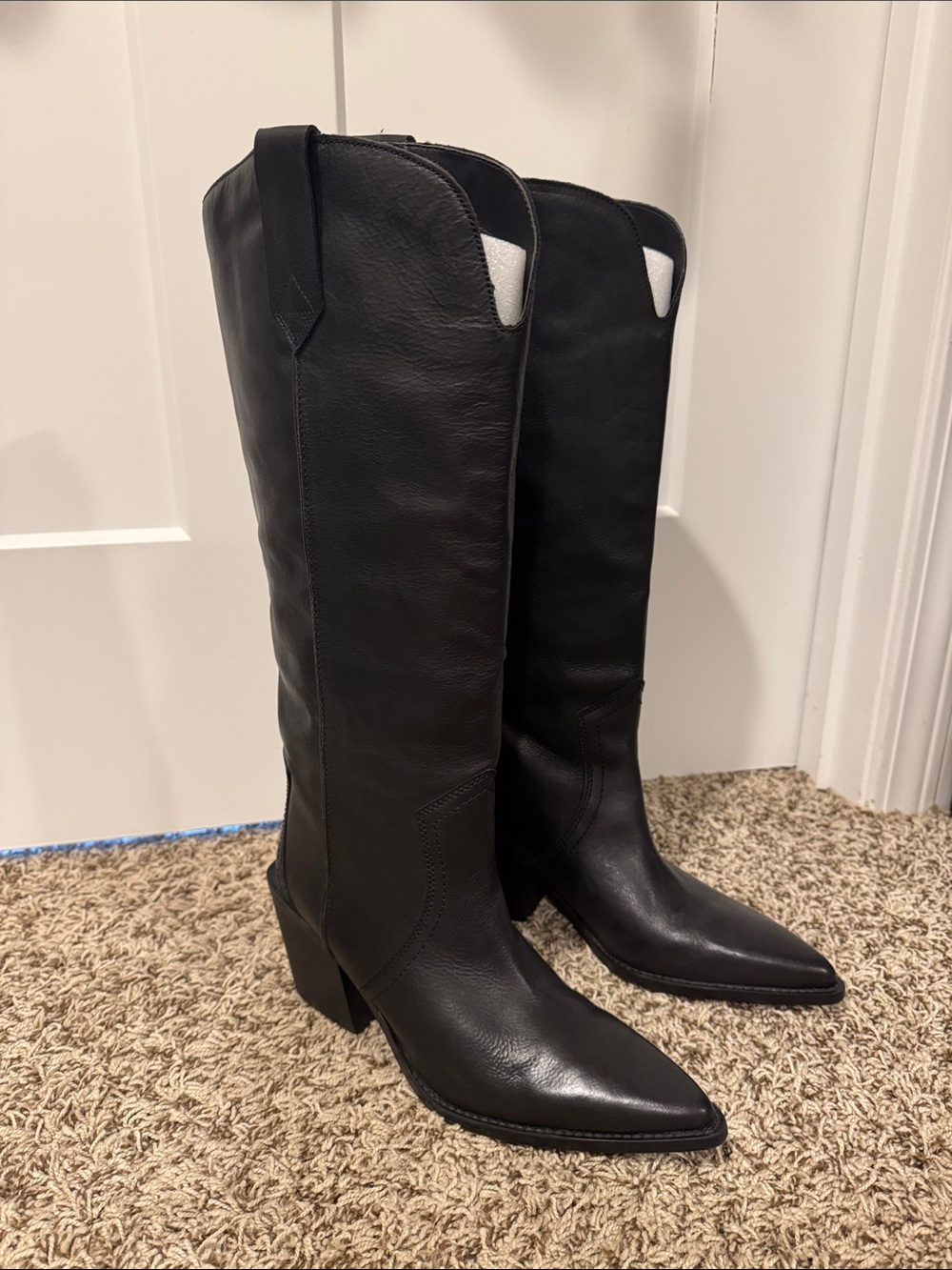 MANGO Women's Black Leather Western Knee-High Boots US 9